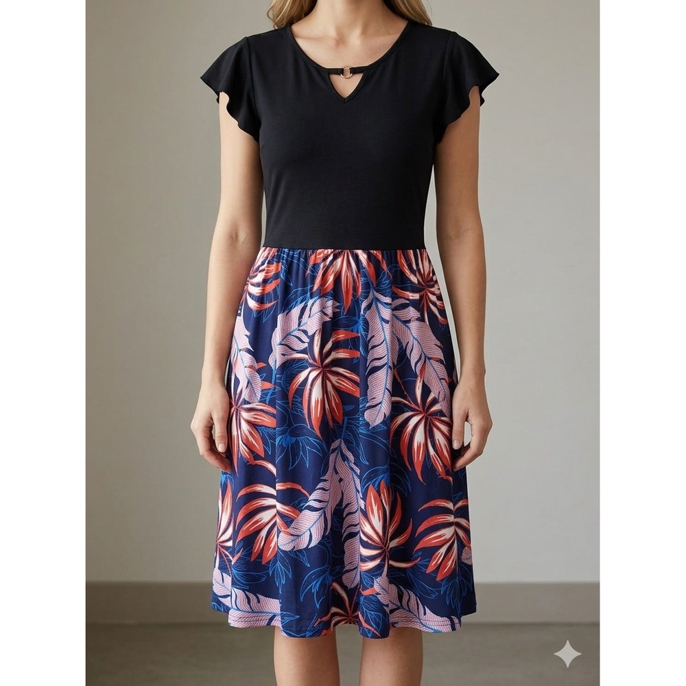 Black Tropical Leaf Print Ruffle Sleeve VNeck Fit and Flare  Boho Sundress Small